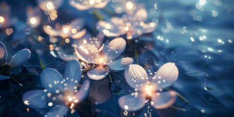 A close up of a bunch of white flowers floating in the water - Powered by Adobe