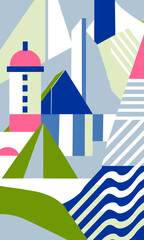 Abstract Lighthouse Landscape with Geometric Shapes in Pastel Colors