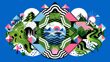 Vibrant Abstract Mountain Landscape Illustration with Geometric Elements