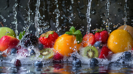 Assorted fresh fruits including strawberries, kiwi, and blackberries under a splash of water against a dark background.