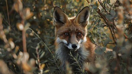A curious fox peering out from behind a bush, its intelligent eyes surveying the surrounding landscape.