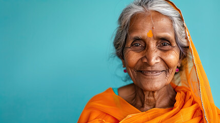 Radiant elderly Indian woman smiling , on pastel blue studio background