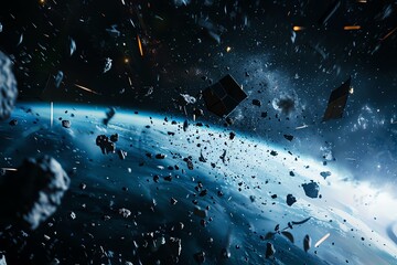 Realistic 4K view of space junk swirling, detailed pieces, atmospheric glow