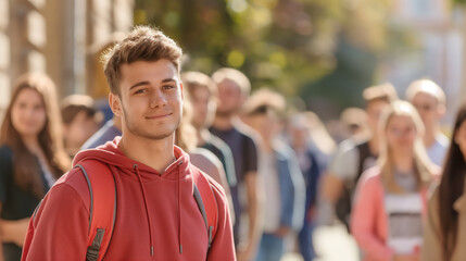 Fototapeta premium Young man with a smile, wearing a red hoodie and carrying a backpack, stands out in a blurred crowd of people, representing youthful optimism and individuality.