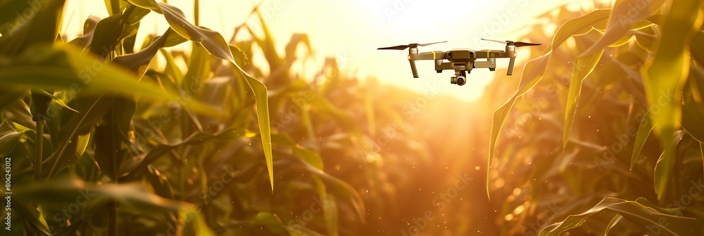 Poster a drone flying over a cornfield, captured from behind with sunlight filtering through leaves and cre