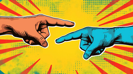 Two hands pointing at each other with a vibrant yellow and red starburst backgroun