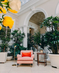 sala de estar con plantas al rededor de un sofá rosada