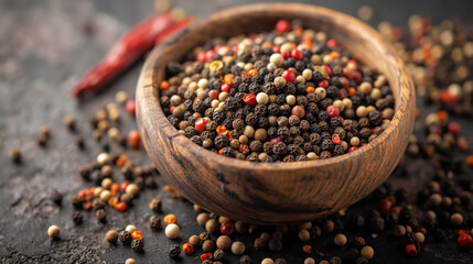 Wooden bowl filled with a vibrant mix of red, black, white, and green peppercorns, offering a rich palette of flavors and colors.