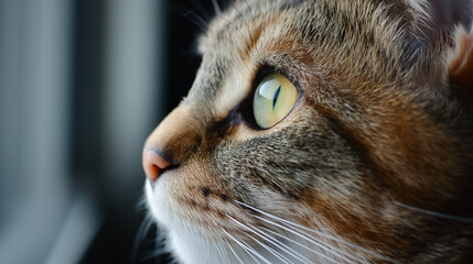Close-up of a domestic cat with striking eyes, gazing out a window, reflecting light and capturing the curiosity of the animal.