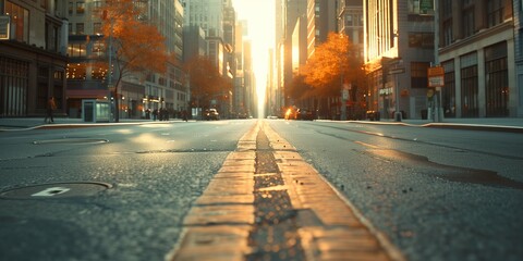 of an empty road in New York City, the modern cityscape towering on both sides, bathed in the warm...