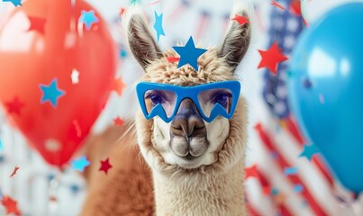 A llama wearing glasses and balloons. - Powered by Adobe