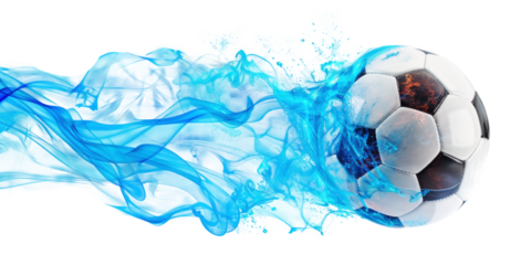 A football with blue trail isolated on transparent background.