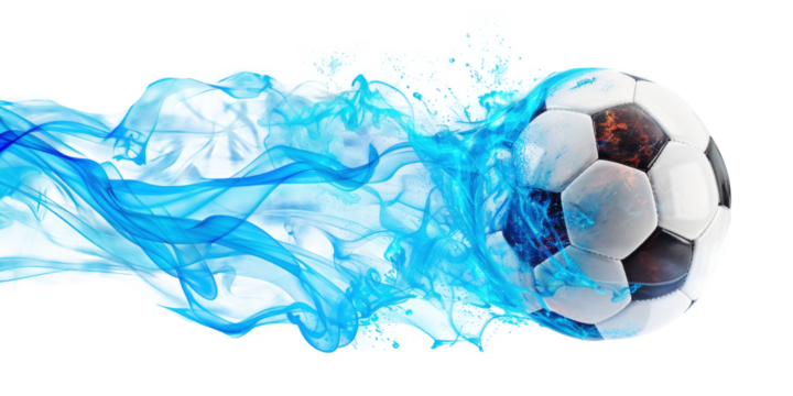 A football with blue trail isolated on transparent background.
