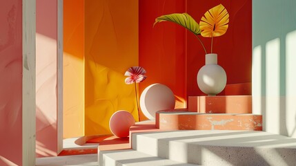 minimalist composition with irregular shapes and vibrant hues featuring a white vase, yellow flower, and green leaf against a backdrop of red and orange walls