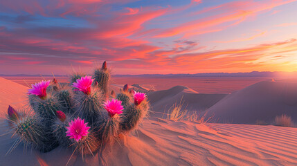 Stunning image of pink cactus flowers blooming vividly against the backdrop of a colorful desert sunset.