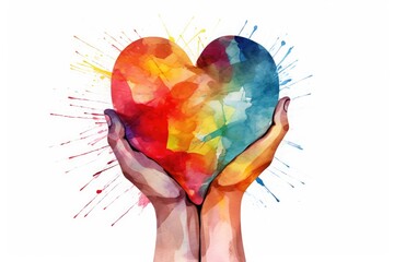 Hands holding a vibrant, watercolor-painted heart with splattered background. Colorful Watercolor Heart Held in Hands
