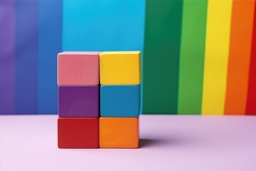 Stack of three colorful wooden blocks against a multicolored gradient background, simple and playful. Colorful Wooden Blocks on Gradient Background
