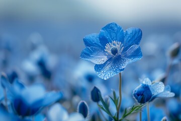 A delicate blue Nemophila flower stands out with its intricate details against a soft, blurred background of a vast blue flower field