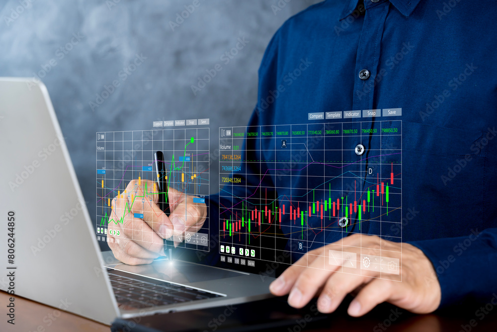 Poster trader use laptop analyzing growing stock on virtual screen for invest in trading.