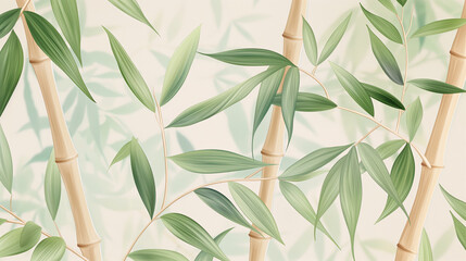 Serene Bamboo Forest Illustration with Green Leaves on Soft Beige Background