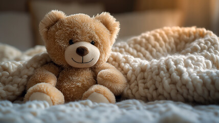 Cozy Teddy Bear on Knitted Blanket