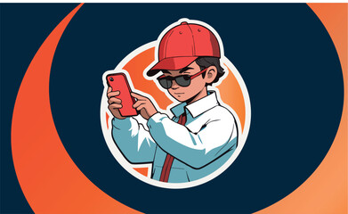 premium vector of Cartoon character, boy with cell phone in hand.