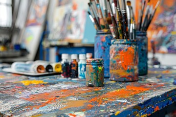 Colorful artist's studio workspace showcasing a vividly painted table with scattered paintbrushes and open paint containers