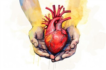 A colorful, artistic rendition of a human heart cradled in hands, symbolizing care and health. Artistic Illustration of Human Heart in Hands