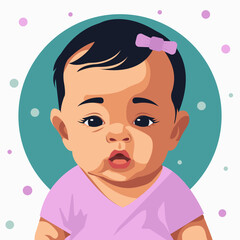 Obraz premium Vector cartoon portrait of a cute little one year old girl with a bow on her hair. 
