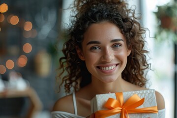 A young woman with curly hair smiles joyfully while holding a beautifully wrapped birthday gift, exuding happiness and celebration