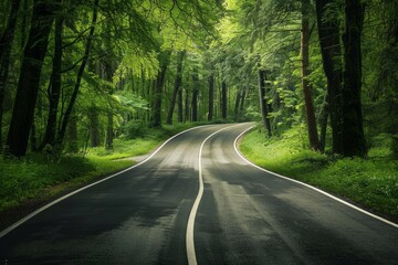 Fototapeta premium Beautiful empty asphalt road in a green forest. AI generative