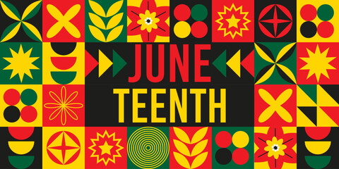 Juneteenth Geometric shape Freedom Day holiday banner. Red, yellow, green colors design minimalistic print