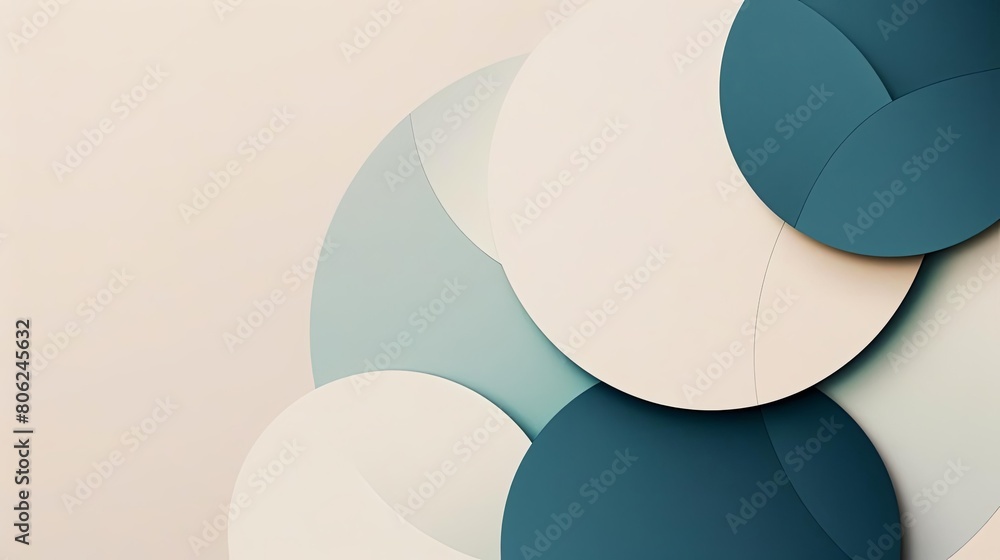 Poster minimalist composition with overlapping circles and dynamic shapes, featuring a white circle, a red 