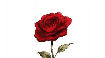 A simple clip art of a red rose, with detailed petals and a green stem.