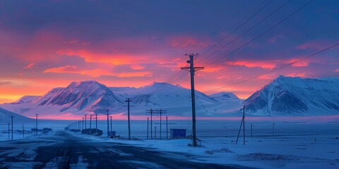 Ruined telephone poles with snow capped mountains in the background in the Ghost Town of Pyramiden, Svalbard during sunset - Powered by Adobe