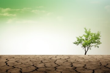 A single green tree symbolizes life and hope on the horizon of a cracked desert. Green Tree on Cracked Soil Horizon