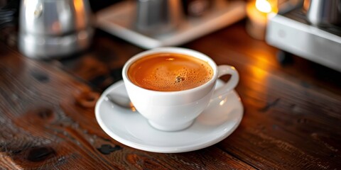 Freshly brewed coffee in a white cup on a saucer