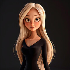 Charming 3D cartoon woman with blond hair on black isolated background