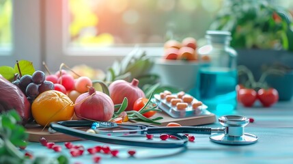 Stethoscope, Pills and Colorful fruits on table health concept
