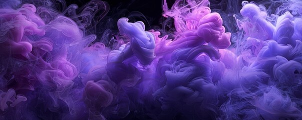 abstract purple and violet fluffy pastel ink smoke cloud against black background