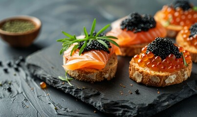 Gourmet Salmon and Caviar Appetizer. Elegant canapÃ©s with smoked salmon topped with sturgeon black caviar, copy space