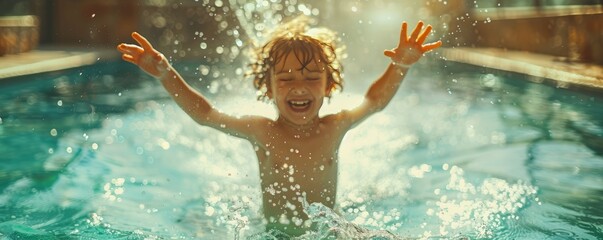 Kid jumping in swimming pool with water