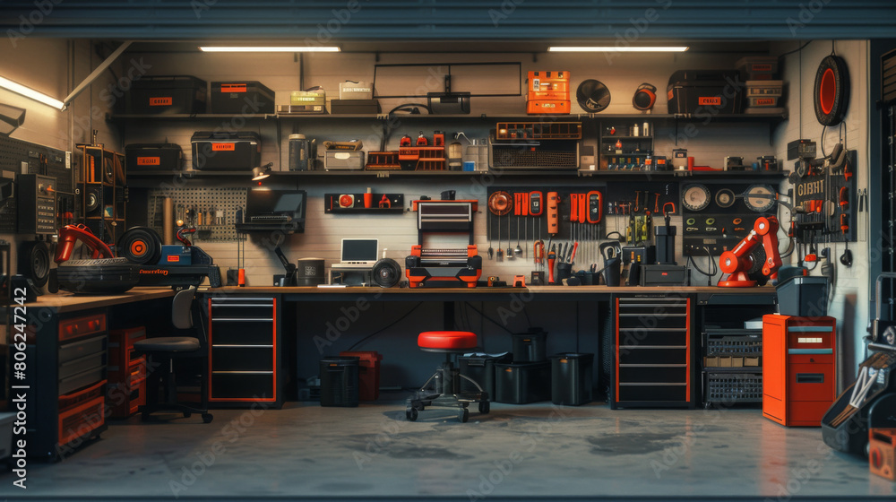 Poster a neatly organized tool workshop with various tools displayed on walls and workbenches.
