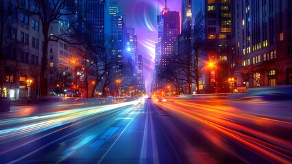 Capturing the bustling traffic and skyscrapers of a city street at night with a long exposure. Concept Cityscape Photography, Nighttime Scenes, Long Exposure, Urban Landscapes, Light Trails