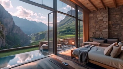 A comfortable bedroom with luxurious bedding and many windows that let in natural light. A luxurious yet environmentally conscious retreat for guests.