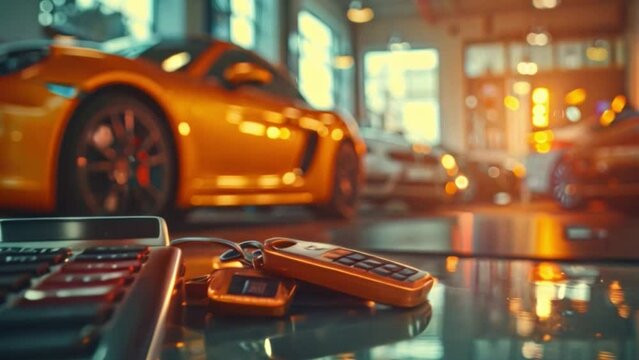 Car showroom with two remote keys meticulously arranged next to a calculator on the work desk of a car salesman or salesman