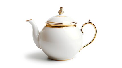 A delicate porcelain teapot with gold trim isolated on a white background.