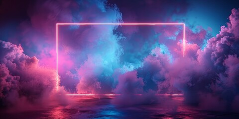 Blue and Purple Neon Light with Cloud Formation. Square shaped Fluorescent Frame in Dark Environment.
