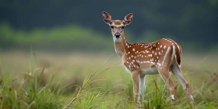 Cute spotted deer on grassy meadow in national park****