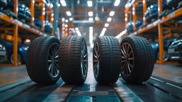 A new tires in blur stock for the automobile industry, new tire with alloy wheels are shown on a blurred background.